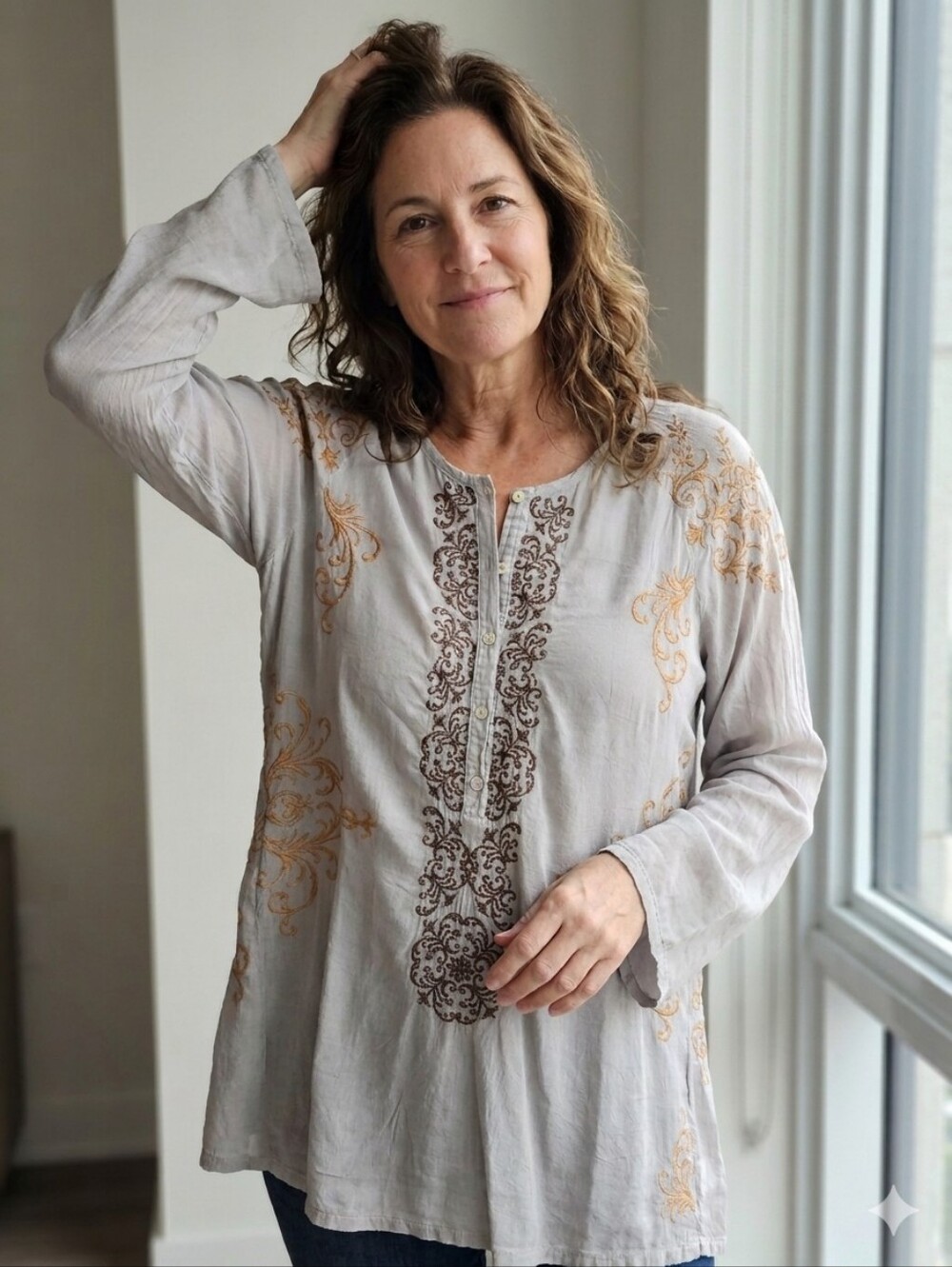 Johnny Was Gray Long-Sleeve Embroidered Henley with Brown & Tan Accents